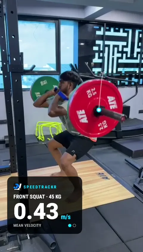 SpeedTrackr VBT front squat rep result: mean velocity 0.43 m/s at 45 kg