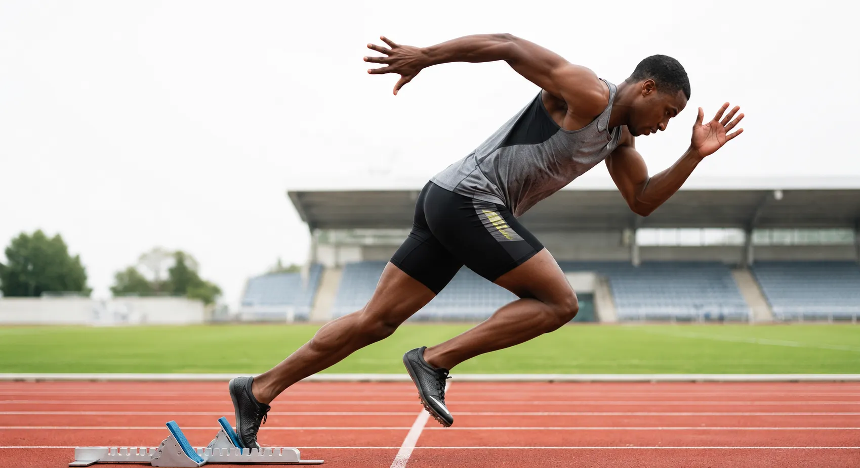 Sprinter driving out of the starting blocks on a track
