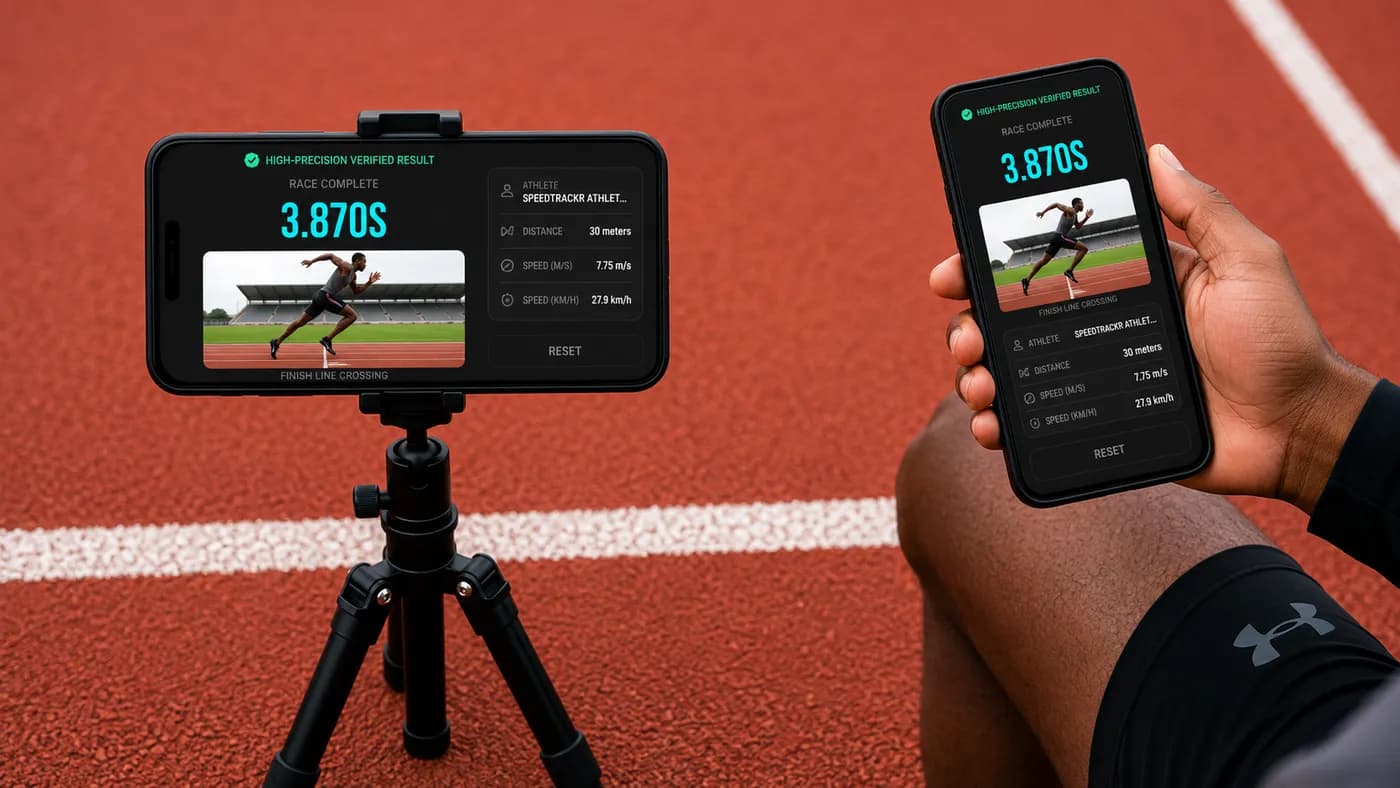 Athlete reviewing sprint timing data on a phone at the track
